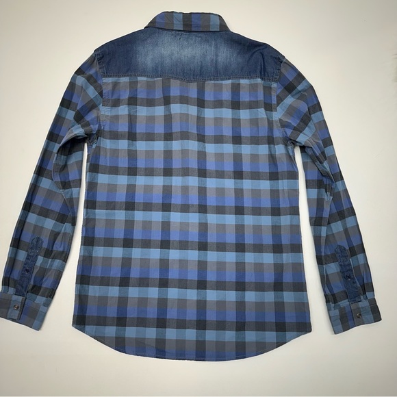 Morse Code Men’s Button Down Plaid Denim Shoulder Patch Long Sleeve Shirt Size L - Picture 4 of 8